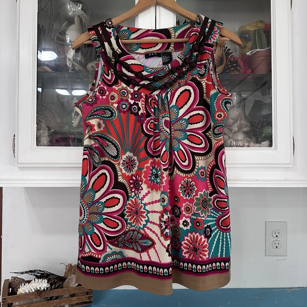 Bohemian Blouse Size L Brown Pink Red Teal Retro Fabric Necklace Attached Travel